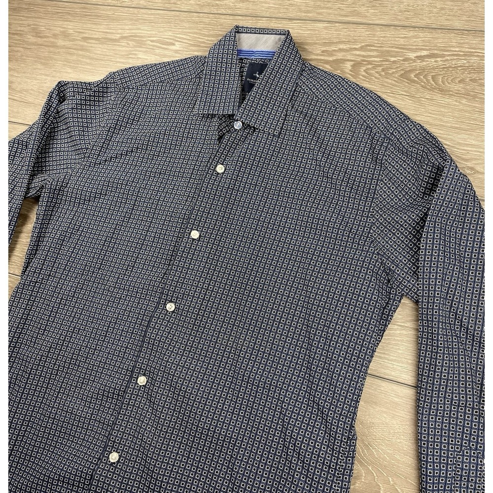 Tailorbyrd Men's Long Sleeve Geometric Squares Button Up Blue Black Size Medium